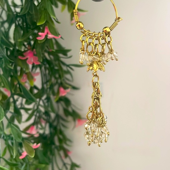 Dangle Earrings - Boho Vintage Gold Toned w/Clear Beads - 3" - Picture 4 of 15